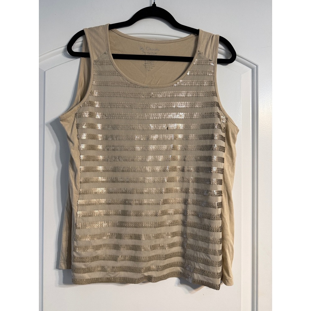 Chico's Sequin Tank Top Size 2 Large Beige Gold Sleeveless Scoop Neck Chic Glam